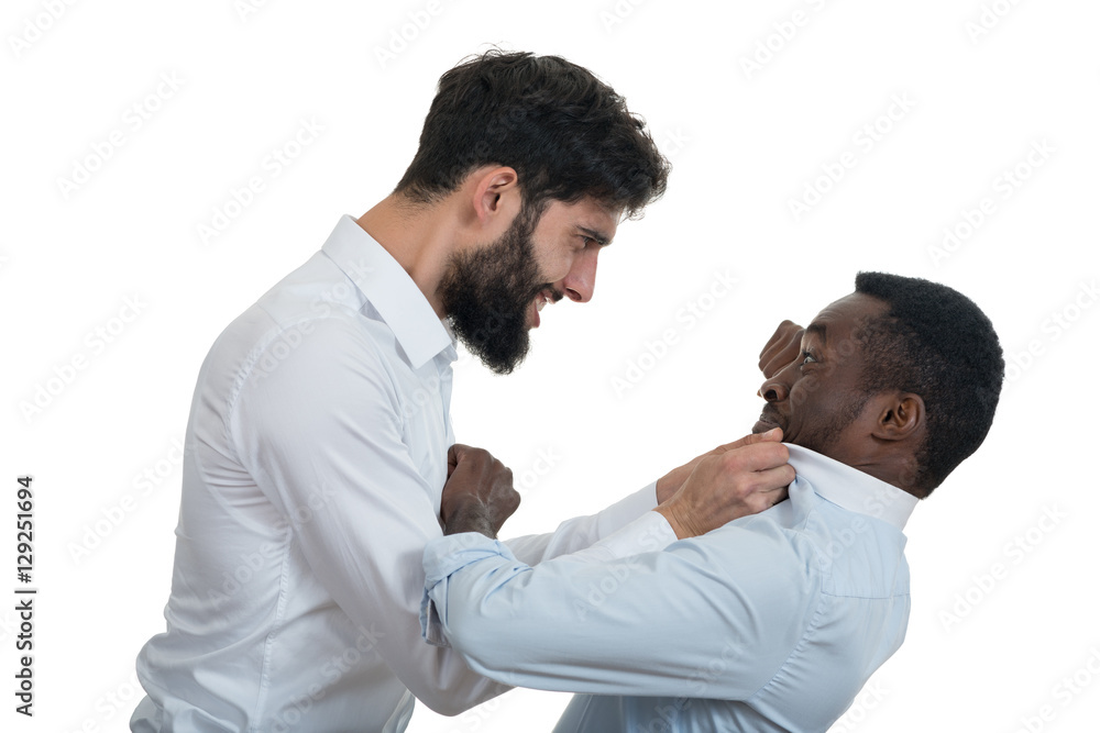 Closeup portrait of two grown mad men arguing, Closeup portrait of two grown mad men arguing,