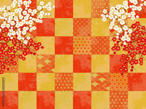 チェック 紅白 パターン 梅