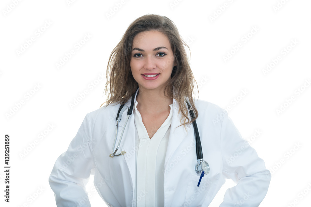 Portrait of young friendly beautiful female doctor