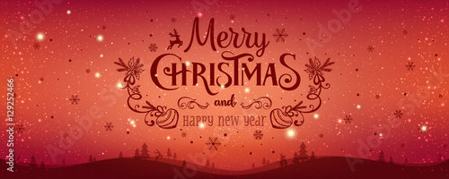 Christmas and New Year Typographical on shiny Xmas background with winter landscape with snowflakes, light, stars. Merry Christmas card. Vector Illustration