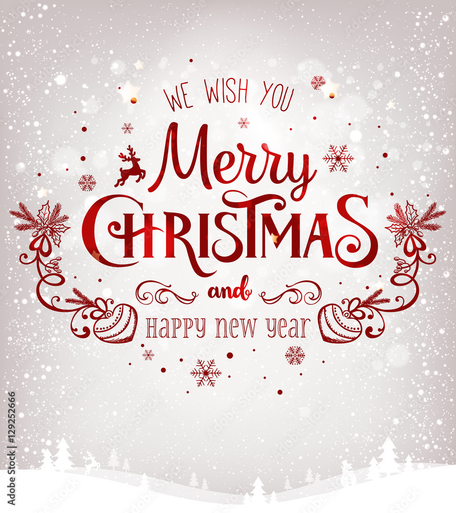Christmas and New Year typographical on light background with winter landscape with snowflakes, light, stars. Xmas card. Vector Illustration Christmas and New Year typographical on light background with winter landscape with snowflakes, light, stars. Xmas card. Vector Illustration