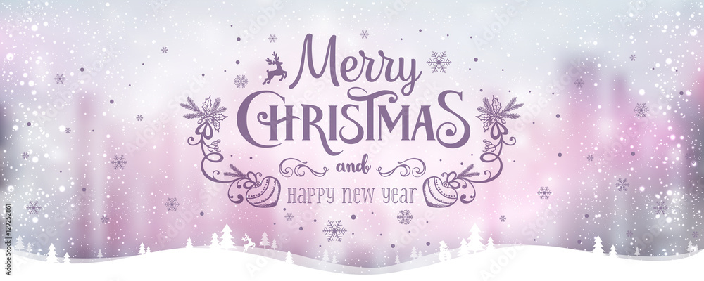 Merry Christmas and New Year typographical on holidays background with winter landscape with snowflakes, light, stars. Vector Illustration. Xmas card Merry Christmas and New Year typographical on holidays background with winter landscape with snowflakes, light, stars. Vector Illustration. Xmas card