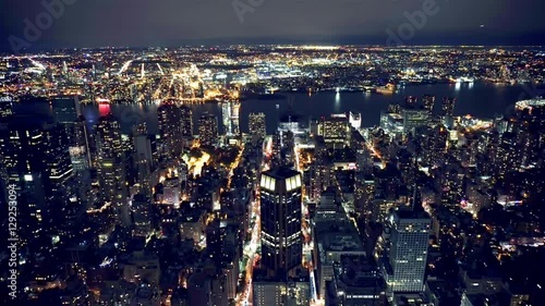 Aerial shot of Manhattan financial district at night