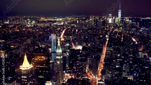 Aerial shot of Manhattan financial district at night