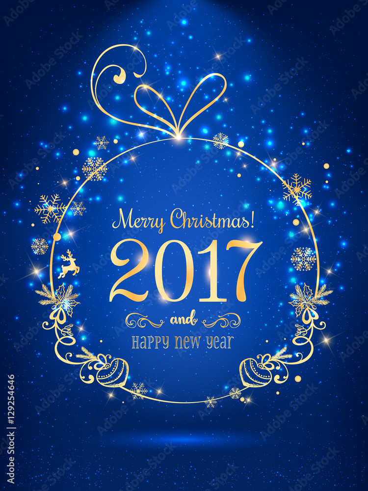 Gold Christmas ball for Merry Christmas 2017 and New Year on blue background with light, stars, snowflakes. Holiday card. Vector eps illustration