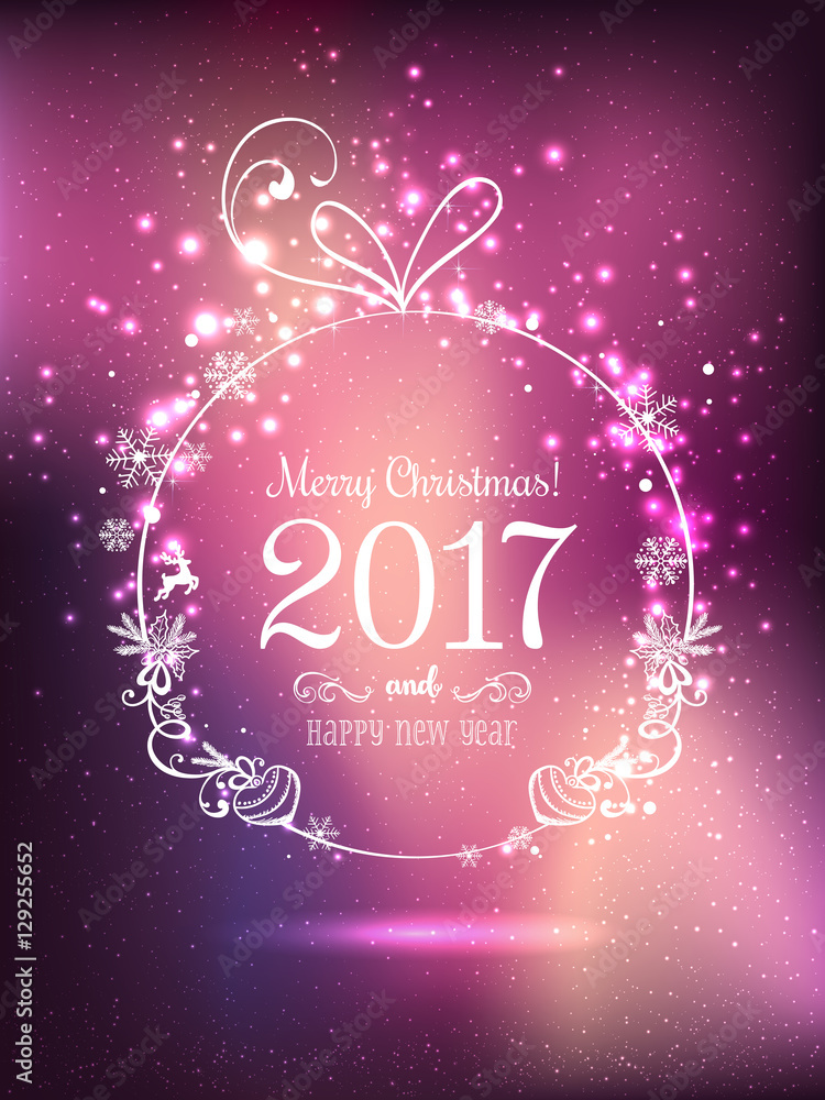 Shiny Christmas ball for Merry Christmas 2017 and New Year on beautiful background with light, stars, snowflakes. Holiday card. Vector eps illustration