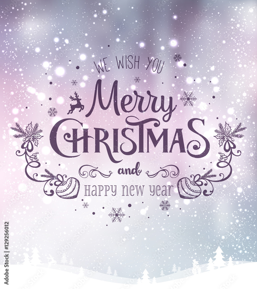 Naklejka premium Christmas and New Year typographical on background with winter landscape with snowflakes, light, stars. Xmas card. Vector Illustration