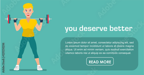 Pretty girl is training with a barbell. Fitness banner. Sport motivation.