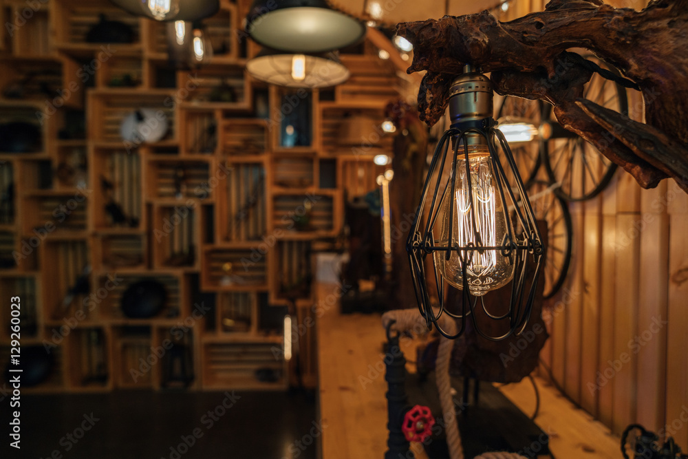 Modern fashion lamp Edison interior loft room. Lantern with filament.