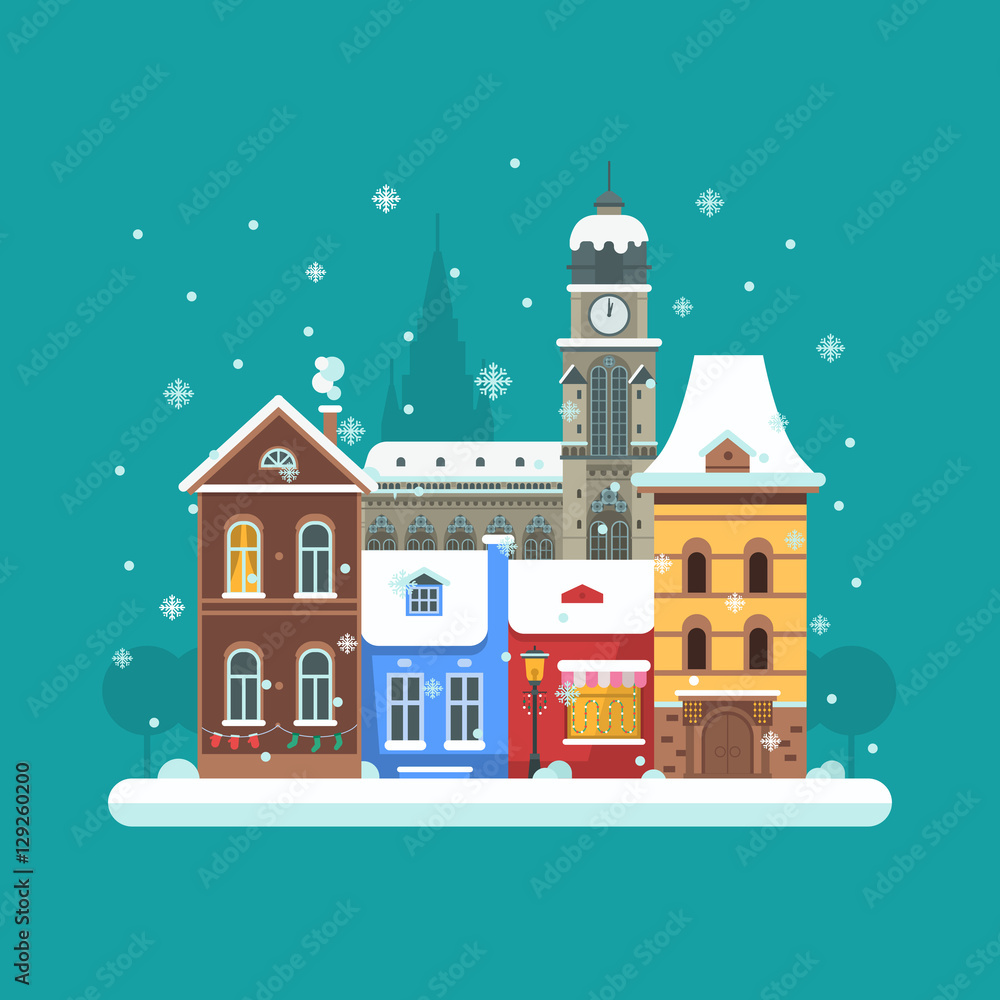 Europe winter street flat landscape with colorful european style houses and Christmas decorations. Decorated Europe Christmas city background with old town building facades and Christmas ornaments.