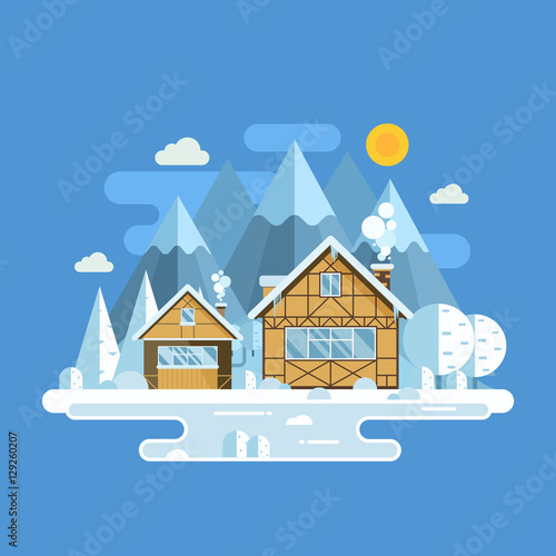 Winter village landscape with snowy homes, frozen lake and mountain peaks. Outdoor winter background with snow town in alps by sunny day. Winter holidays banner template with half-timbered houses.