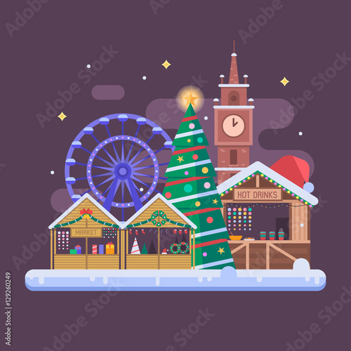 Winter fair in christmas town square. Traditional europe christmas market with souvenir stalls, Xmas tree, gift shops, ferris wheel and cathedral. Christmas city flat landscape by Eve night.