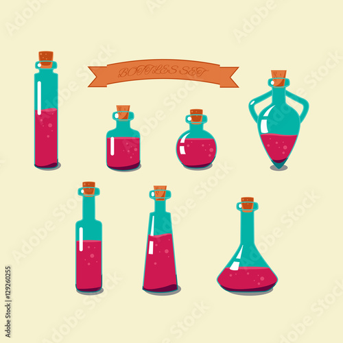 Bottles of Potion Set. Glass Flasks with Colorful Liquids.