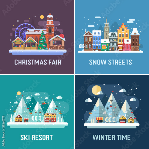 New Year and winter travel backgrounds. Christmas fair, Europe winter town, snow mountain hotel and ski resort by night. Flat design landscape. Winter holidays destination backdrops in flat design.