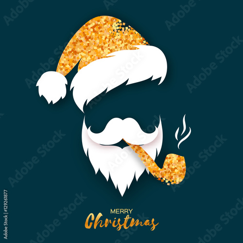 Merry Christmas greeting card with papercraft golden glitter Santa Claus