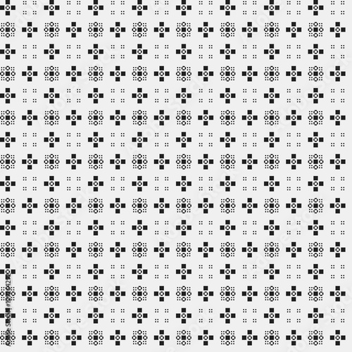 Simple pixelated pattern with monochrome geometric shapes. Useful for textile and interior design. Strict neutral style. © miaoumiaou