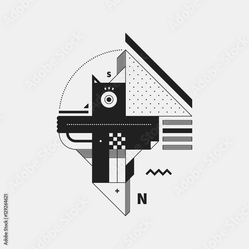 Abstract monochrome creature on white background. Style of cubism and constructivism. Useful for prints and posters.