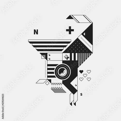 Abstract monochrome creature on white background. Style of cubism and constructivism. Useful for prints and posters.
