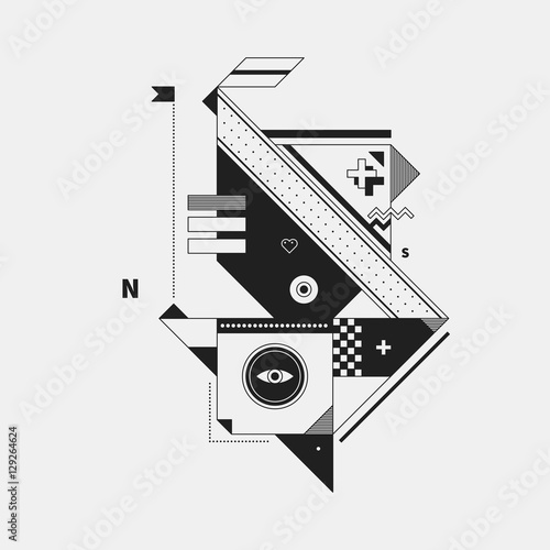 Abstract monochrome creature on white background. Style of cubism and constructivism. Useful for prints and posters.