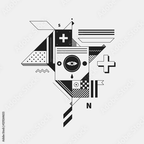 Abstract monochrome creature on white background. Style of cubism and constructivism. Useful for prints and posters.