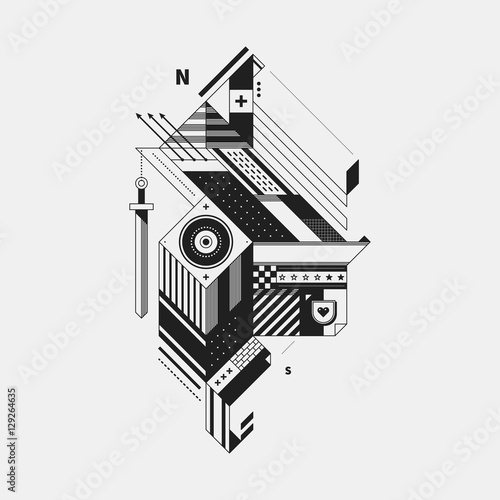 Abstract monochrome creature on white background. Style of cubism and constructivism. Useful for prints and posters.