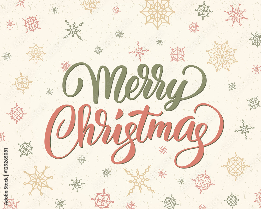 Merry christmas brush lettering against background with snowflake