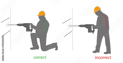 correct and incorrect posture when working with a drill (jackhammer). vector illustration.