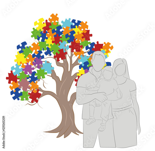 Puzzle Pieces in Autism Awareness Colors Background, 3D rendering. family silhouette. vector illustration.