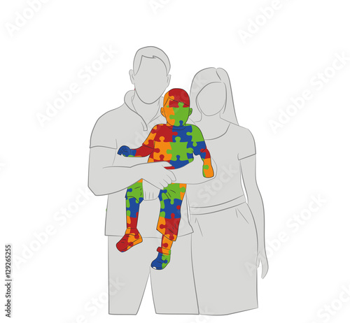 Puzzle Pieces in Autism Awareness Colors Background, 3D rendering. family silhouette. vector illustration.