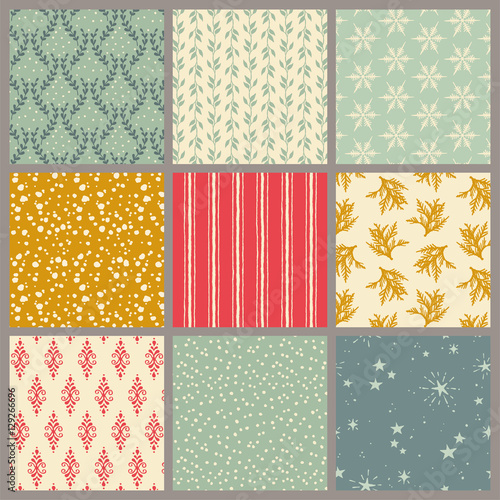 collection of nine hand drawn retro christmas / winter / holiday patterns