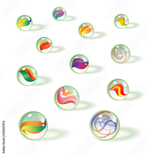 set of colorful realistic glass toy marbles. Vintage children's game.
