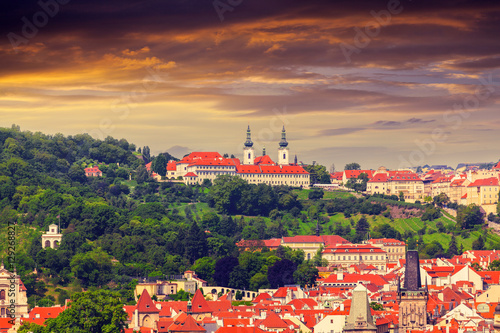 Panorama of Strahov monastery at sunset from clock tower, top view, Prague, Czech Republic