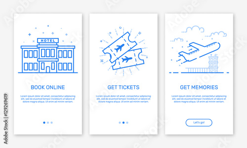 Vector Illustration of onboarding app screens and web concept book hotel online for mobile apps in flat line style. Modern blue interface UX UI GUI screen template for smart phone or web site banners.