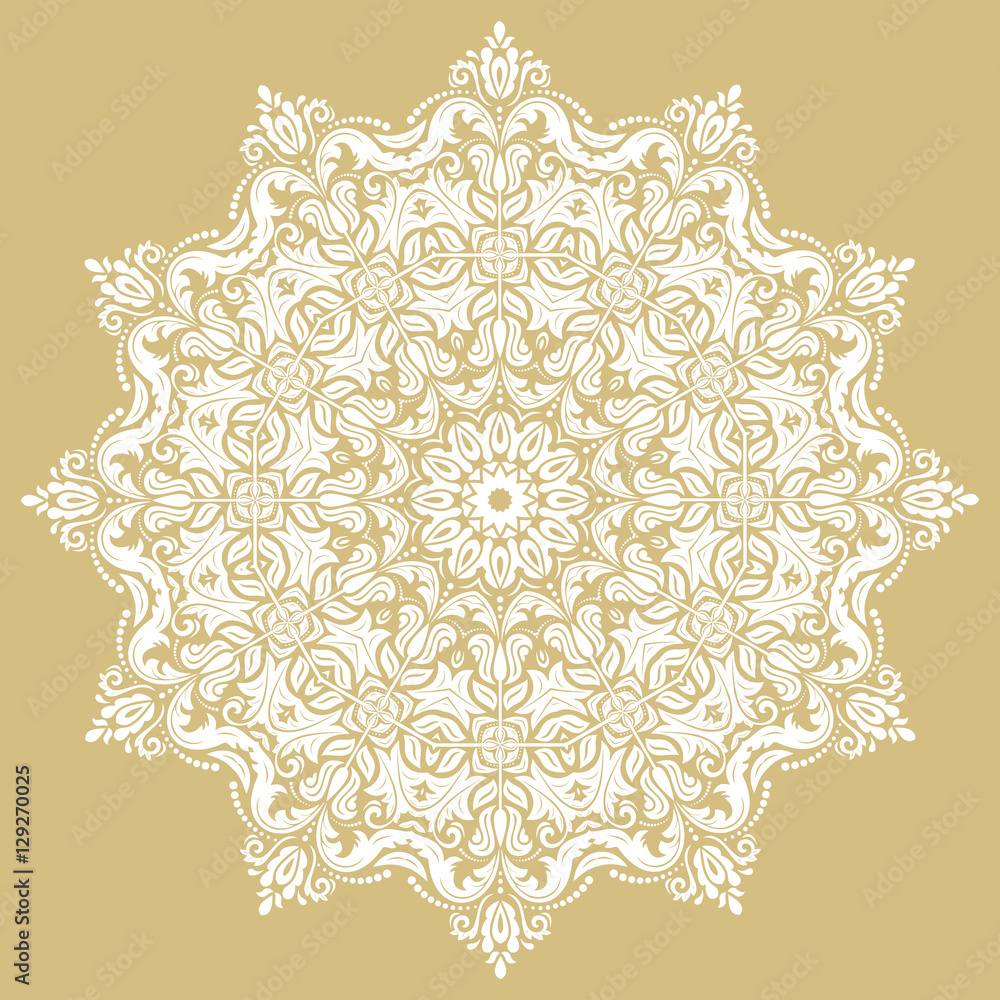 Oriental vector round white pattern with arabesques and floral elements. Traditional classic ornament. Vintage pattern with arabesques