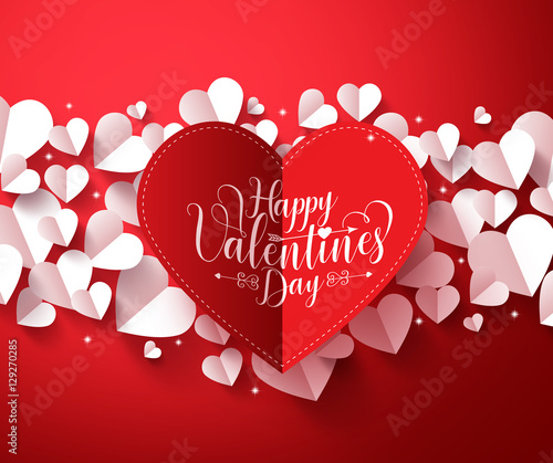 Valentines Background concept in red color with happy valentines day greetings card  in paper cut red heart with white hearts elements. Vector illustration.
