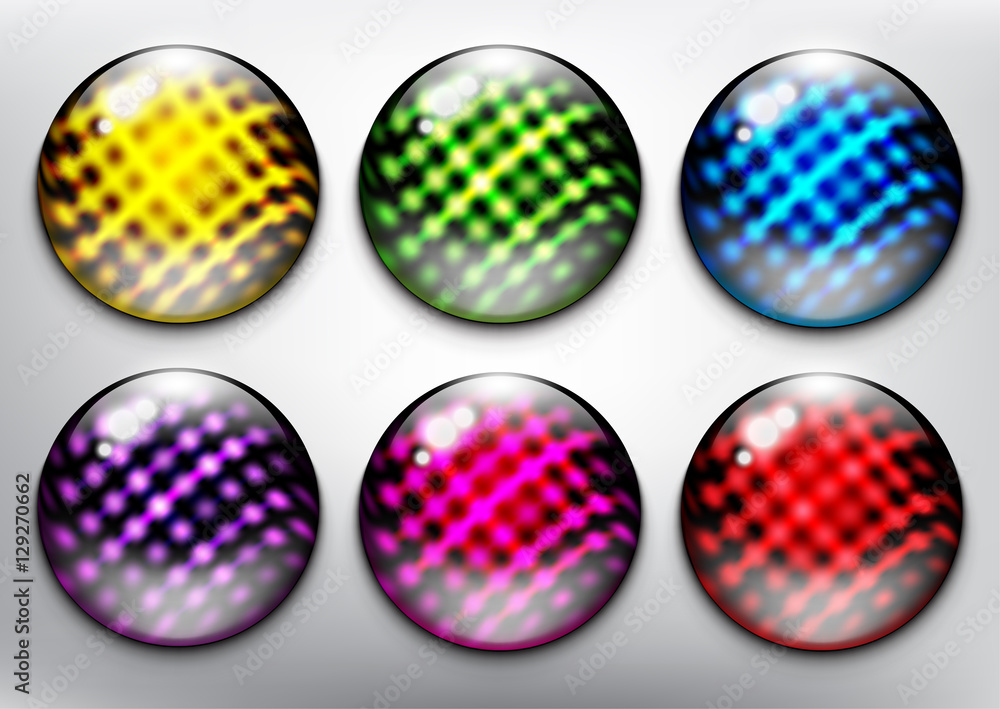 Abstract vector web buttons set of 6. Isolated with realistic, transparent glass shine and shadow on the light background. Vector illustration. Eps10. Abstract vector web buttons set of 6. Isolated with realistic, transparent glass shine and shadow on the light background. Vector illustration. Eps10.