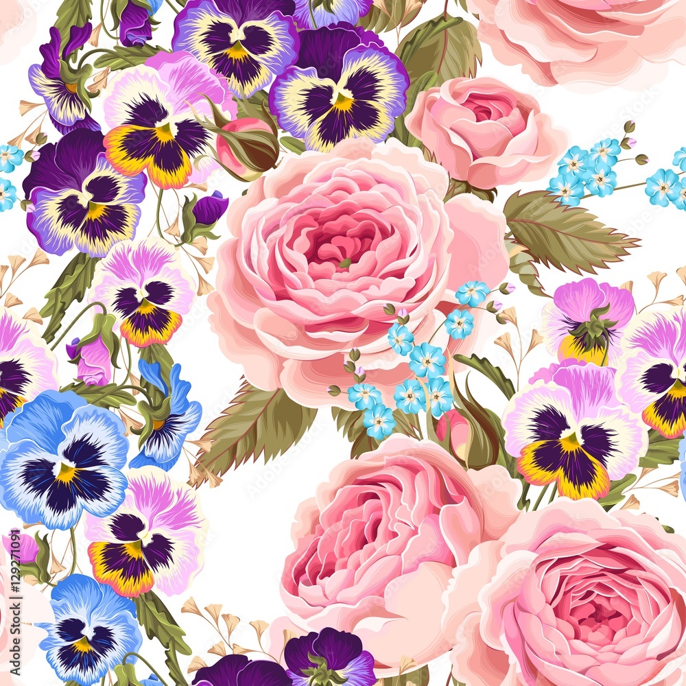 Roses and pansies seamless background