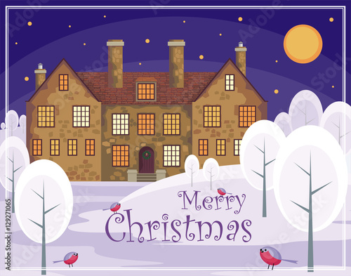 Christmas greeting card. Image of a old English house on a background of a winter landscape. Vector illustration.