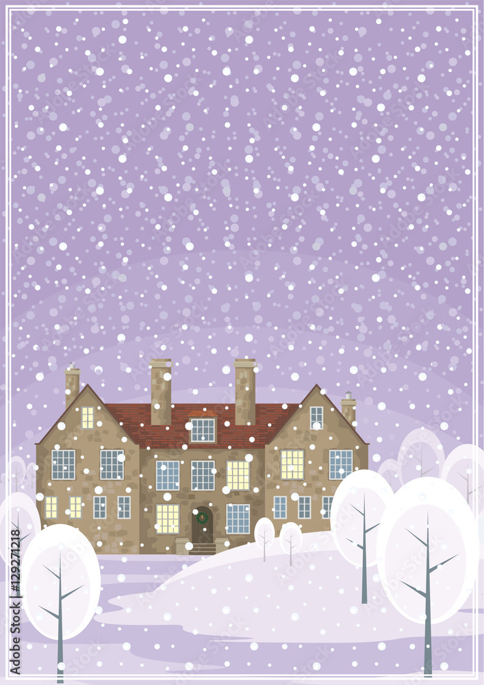 Image of a old English house on a background of a winter landscape. Vector illustration.