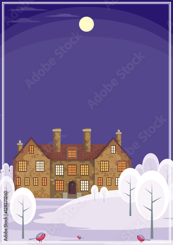 Image of a old English house on a background of a winter landscape. Vector illustration.