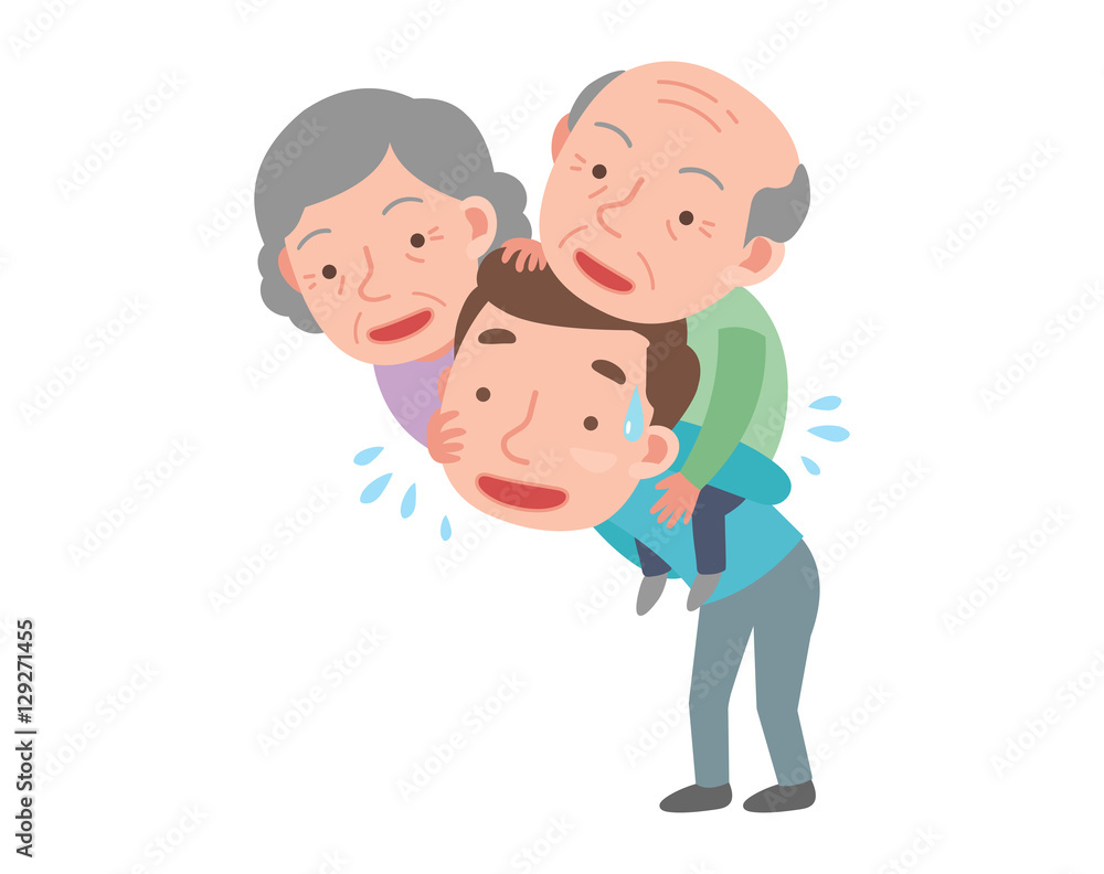 A Man is carrying the parents on back. 
He is happy.