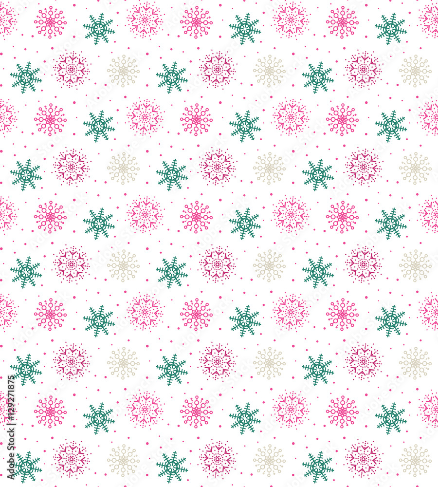 Colorful seamless pattern of many snowflakes on white background Colorful seamless pattern of many snowflakes on white background