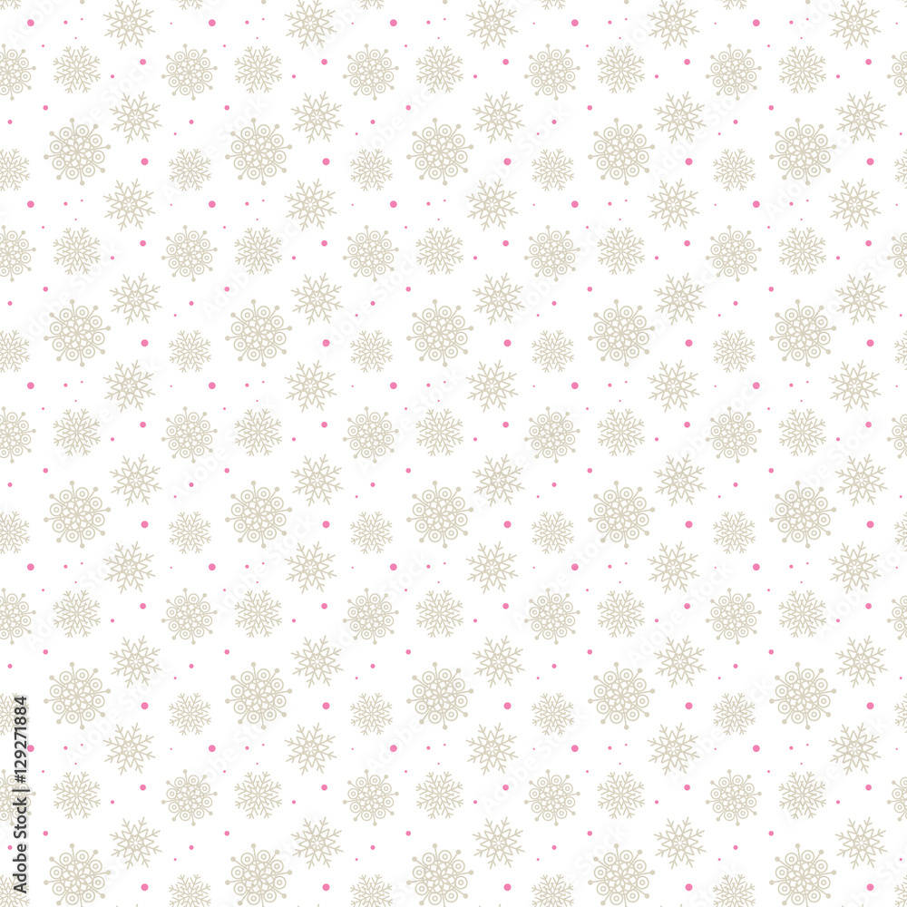Light seamless gold pattern of many snowflakes on white backgrou