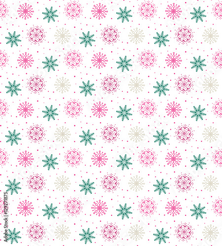 Colorful seamless pattern of many snowflakes on white background