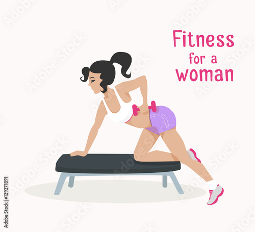 Vector girl makes arm, shoulder exercises with dumbbells on bench