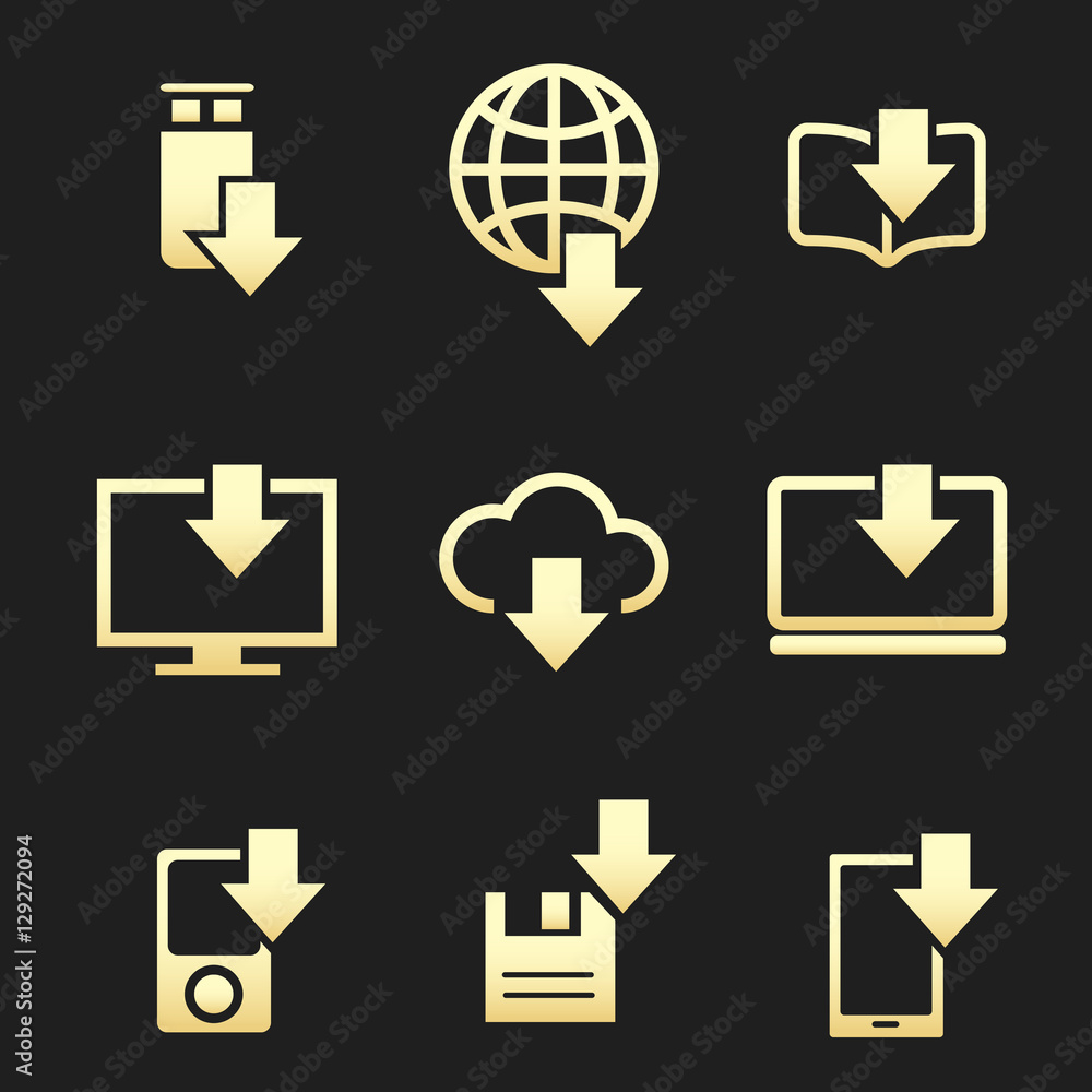 Different devices downloading data set on black background vector icons Different devices downloading data set on black background vector icons
