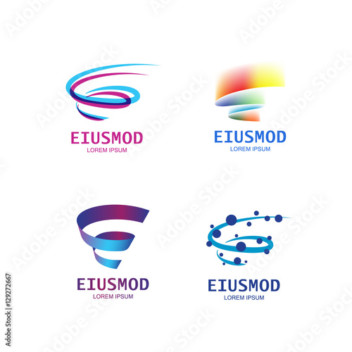 Set of abstract spiral logo. Tornado geometric symbol. "E" letter energy logotype. Magic whirlwind logo template.