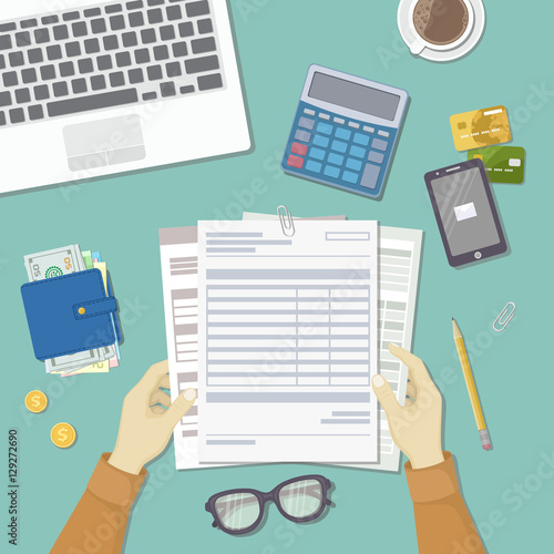 Man works with financial documents. Concept of paying bills, payments, taxes. Human hands hold the accounts, payroll, tax form. Workplace with papers, blanks, forms, wallet credit card Top view Vector
