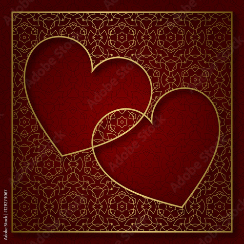 Romantic patterned background with frame of two hearts