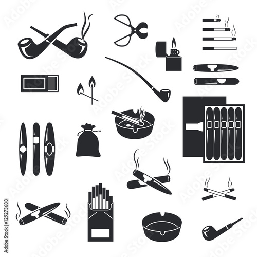 Silhouette smoking and cigarette icons vector black and white set. Lighter match ashtray illustration. Smoking objects silhouette isolated. Tobacco accessory. Addiction nicotine sign